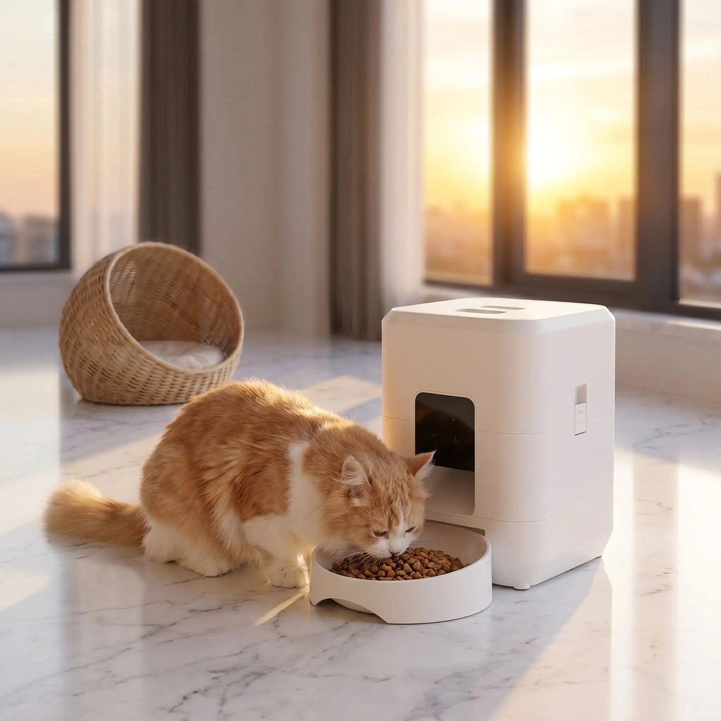 chat mange dans distributeur automatique croquettes chat blanc