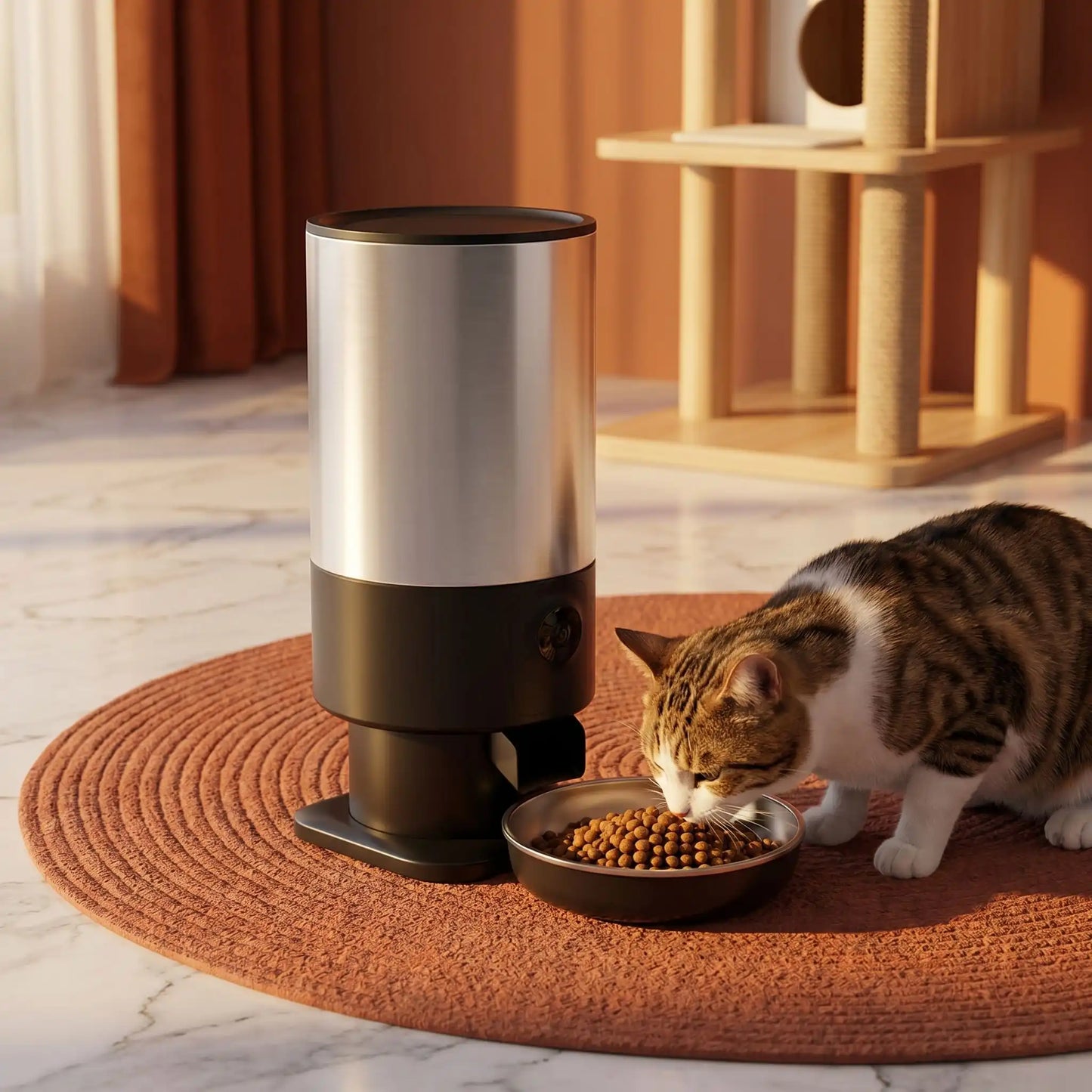 chat mange dans distributeur automatique de croquettes acier