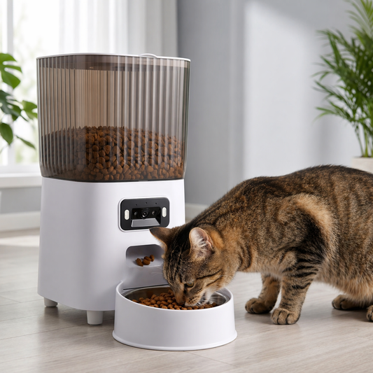 chat mange dans distributeur automatique de croquettes chat blanc