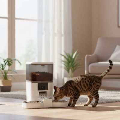 chat mange dans distributeur automatique de croquettes dans salon