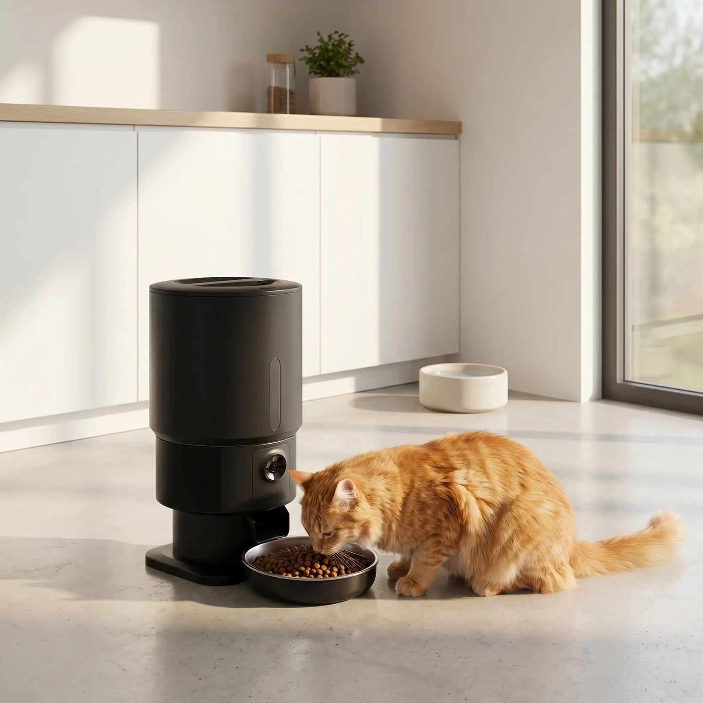 chat mange dans distributeur automatique de croquettes noir