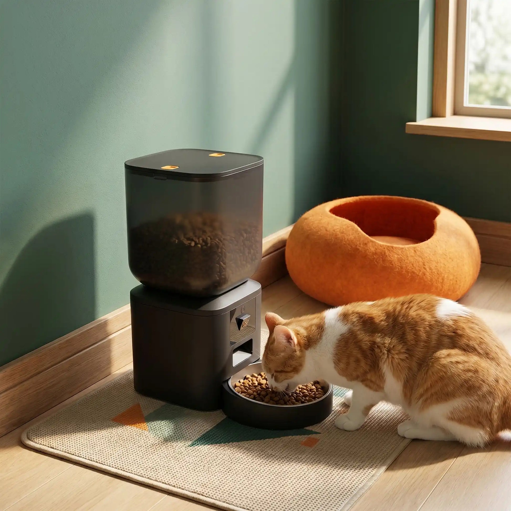 chat mange dans distributeur croquette chat automatique noir