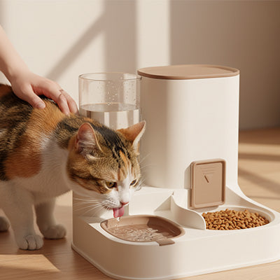 chat mange dans distributeur croquettes eau chat blanc marron