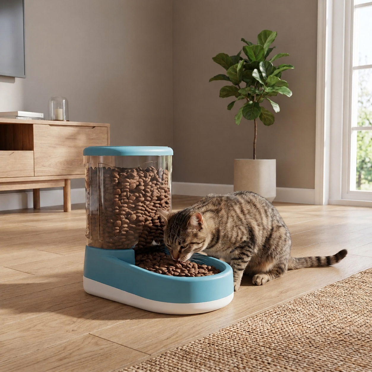 chat mange dans distributeur croquettes pour chat bleu