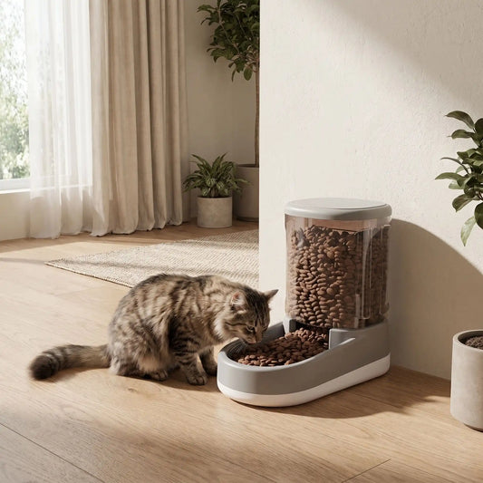 chat mange dans distributeur croquettes pour chat gris