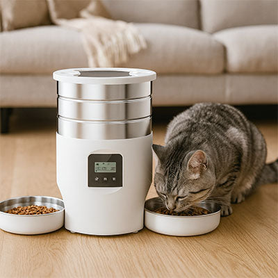 chat mange dans distributeur de croquettes automatique blanc