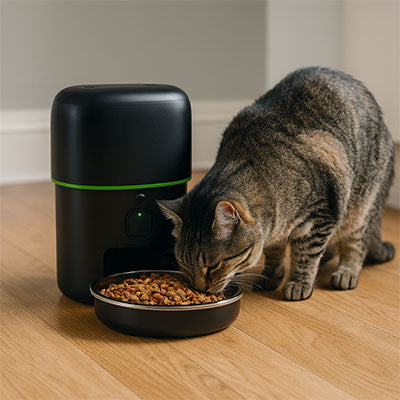 chat mange dans distributeur de croquettes automatique deux litres