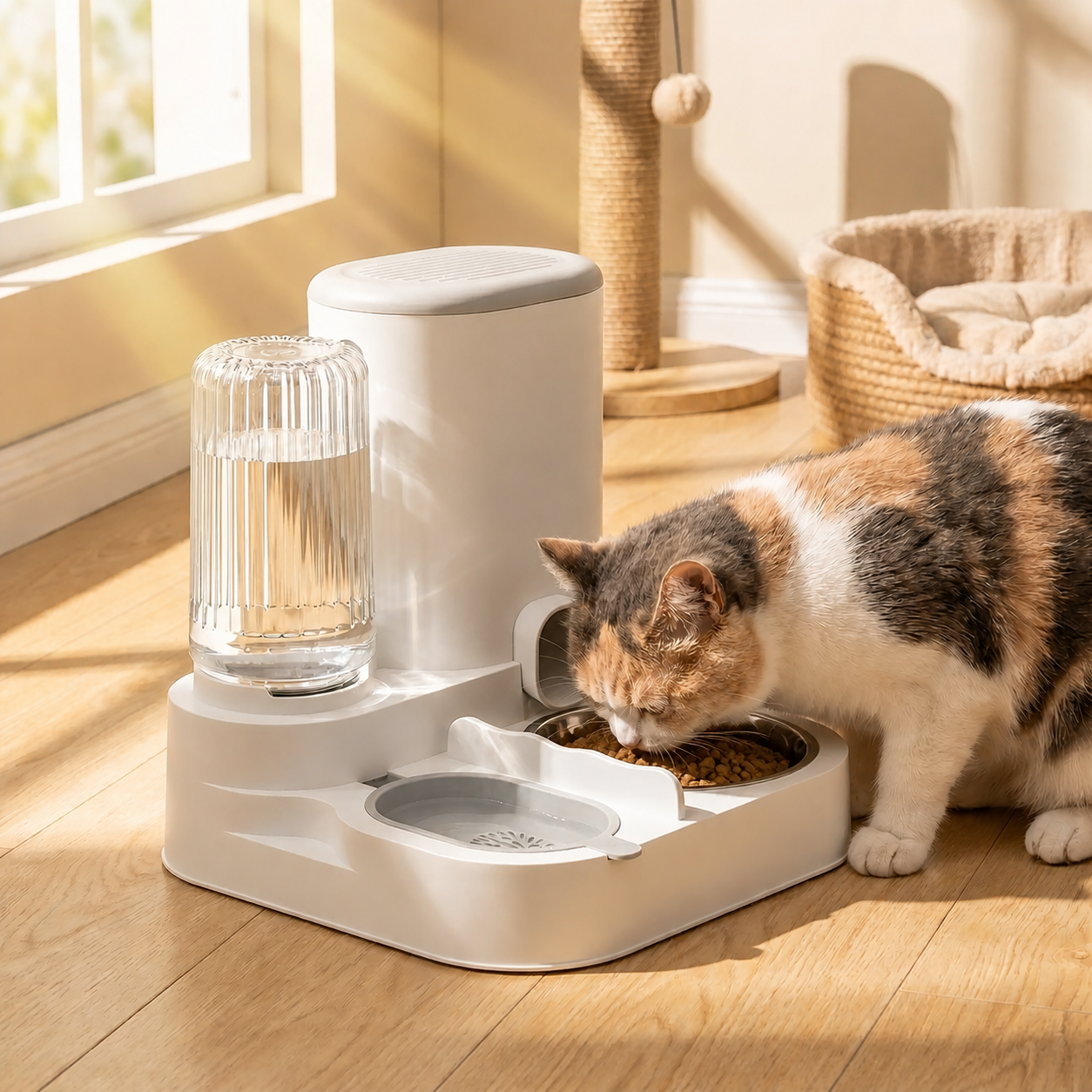 chat mange dans distributeur eau et croquette chat