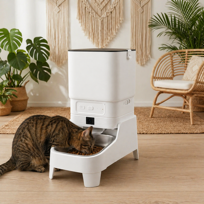 chat mangeant dans distributeur automatique croquettes chat sureleve