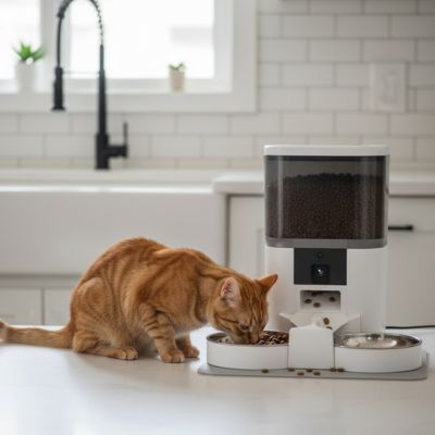 chat mangeant dans distributeur automatique de croquettes blanc