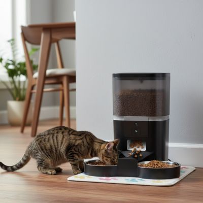 chat mangeant dans distributeur automatique de croquettes noir
