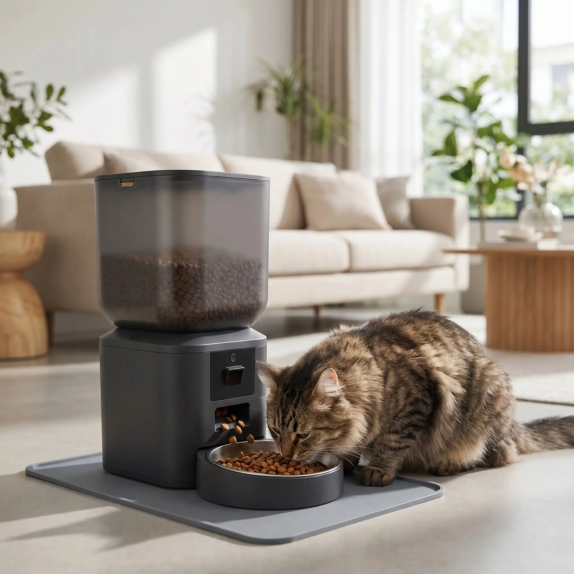 chat mangeant dans distributeur croquette chat automatique dans salon