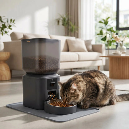 chat mangeant dans distributeur croquette chat automatique dans salon