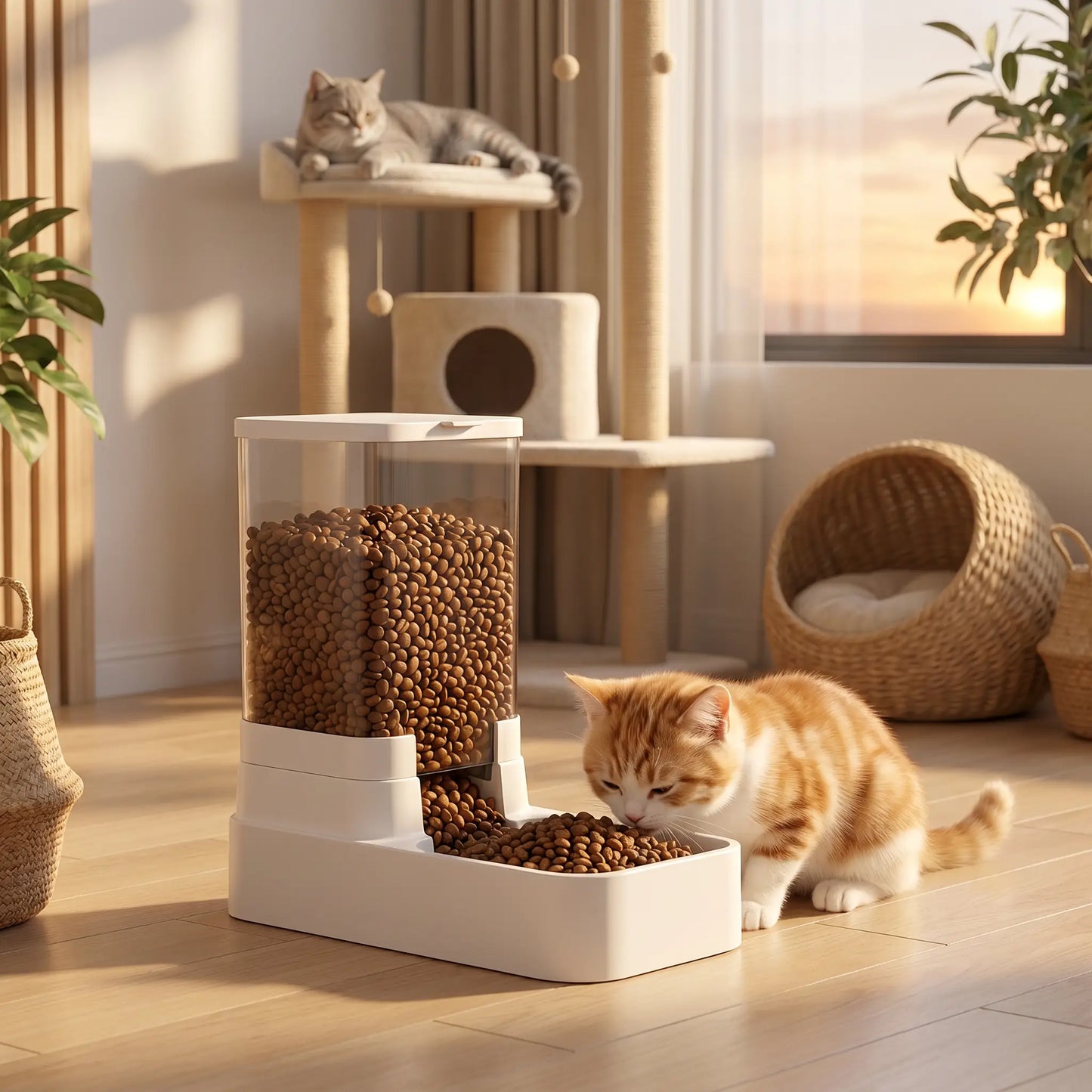 chat mangeant dans distributeur croquette chat