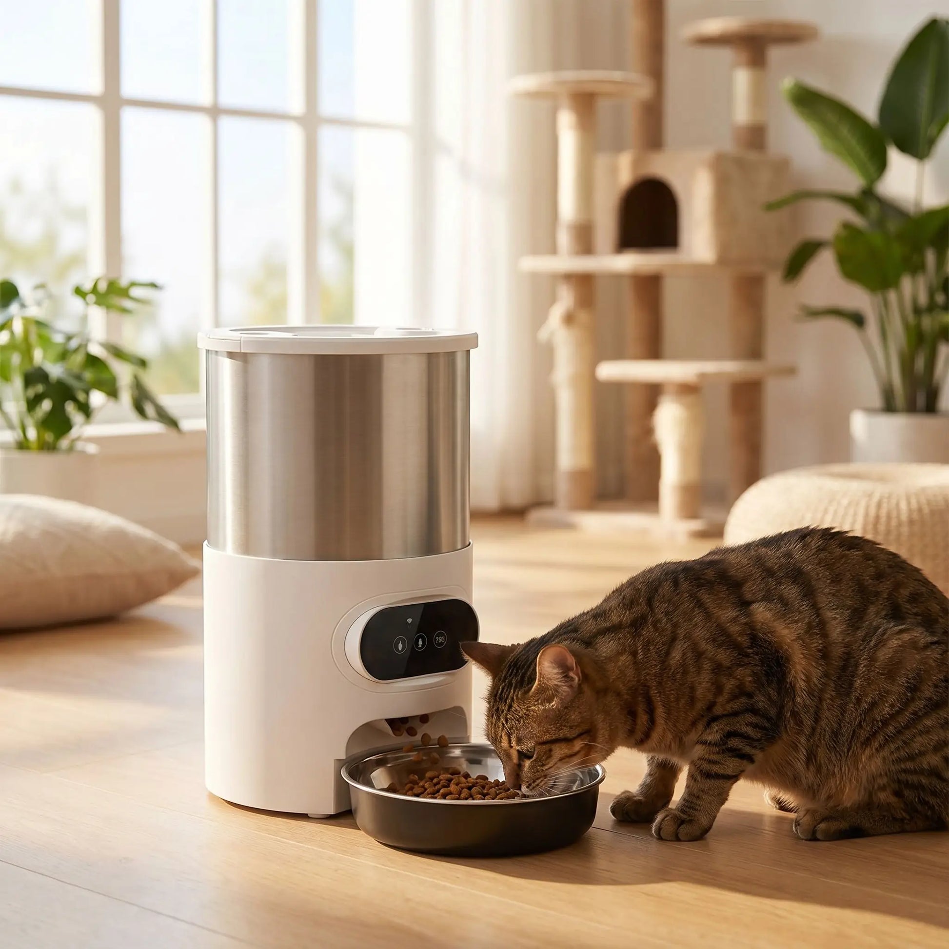 chat mangeant dans distributeur croquettes chat automatique