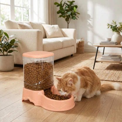 chat mangeant dans distributeur croquettes chat rose