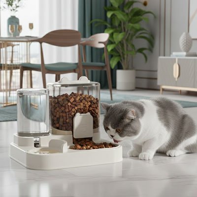 chat mangeant dans distributeur croquettes eau chat