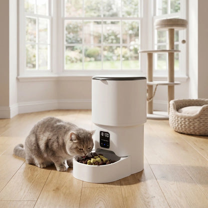 chat mangeant dans distributeur de croquettes automatique avec boutons