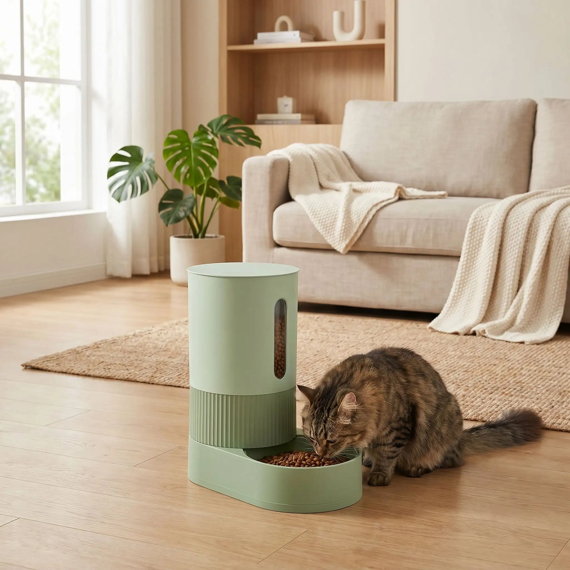 chat mangeant dans distributeur de croquettes pour chat vert