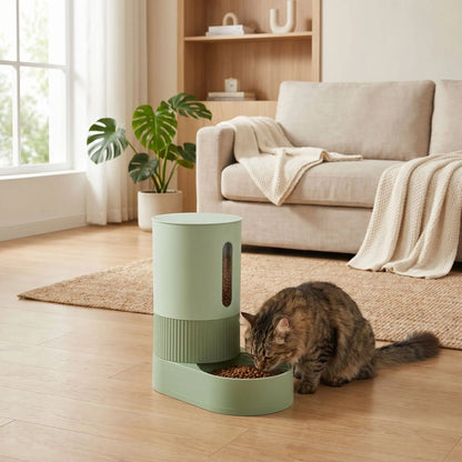 chat mangeant dans distributeur de croquettes pour chat vert