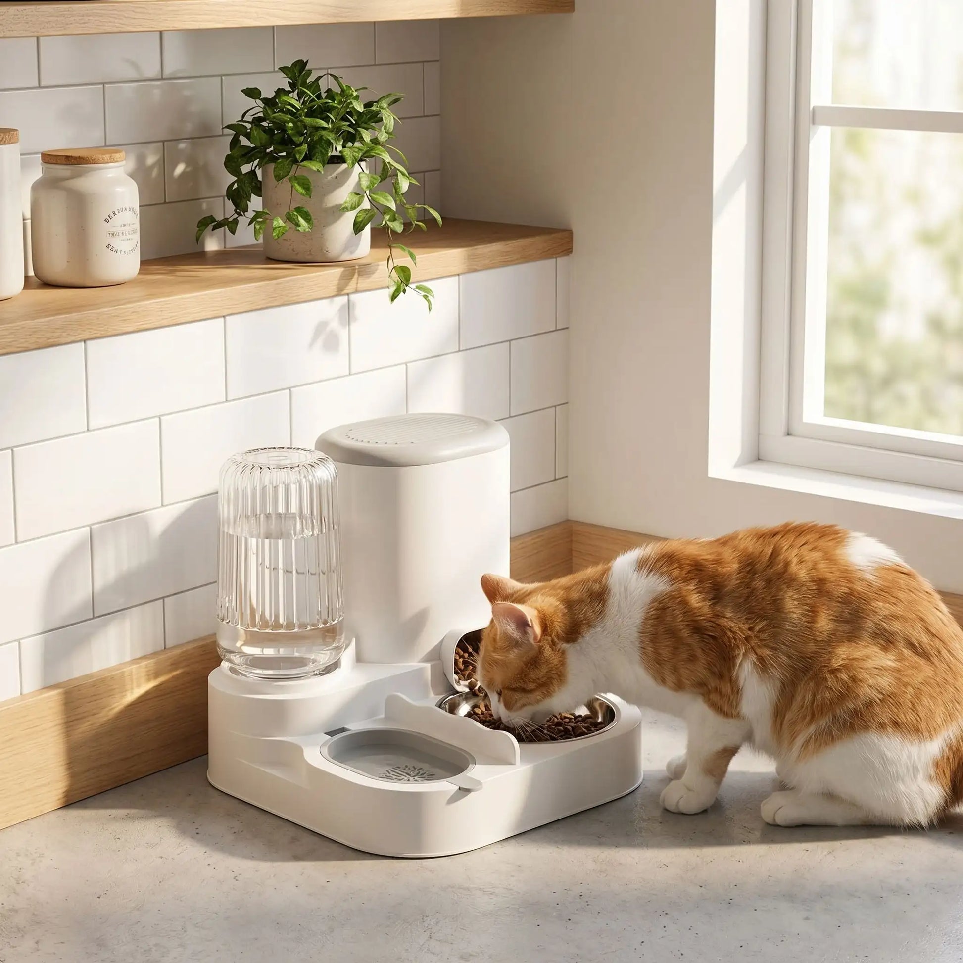 chat mangeant dans distributeur eau et croquette chat