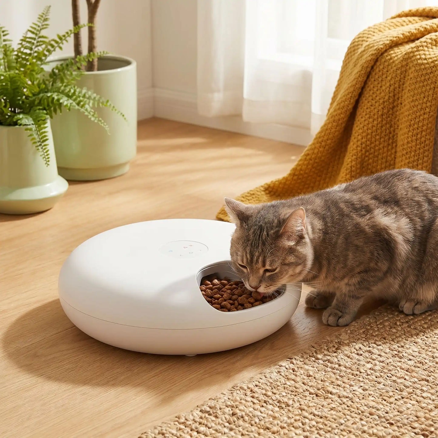 chat mangeant dans gamelle automatique chat