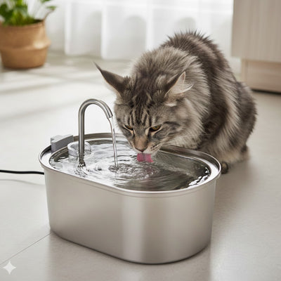 chat norvegien boit dans fontaine à eau chat 