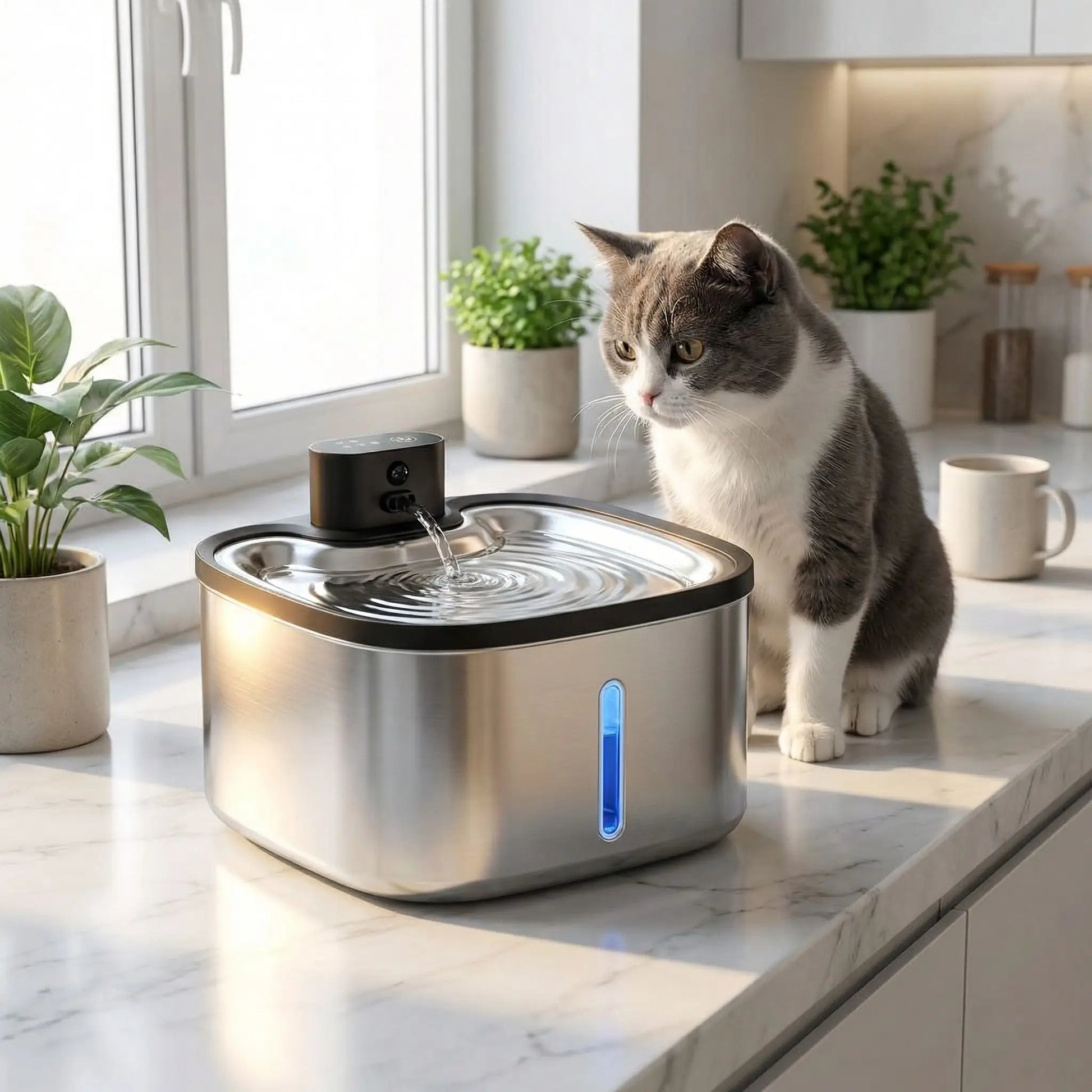 chat observant fontaine a eau chat sans fil dans cuisine