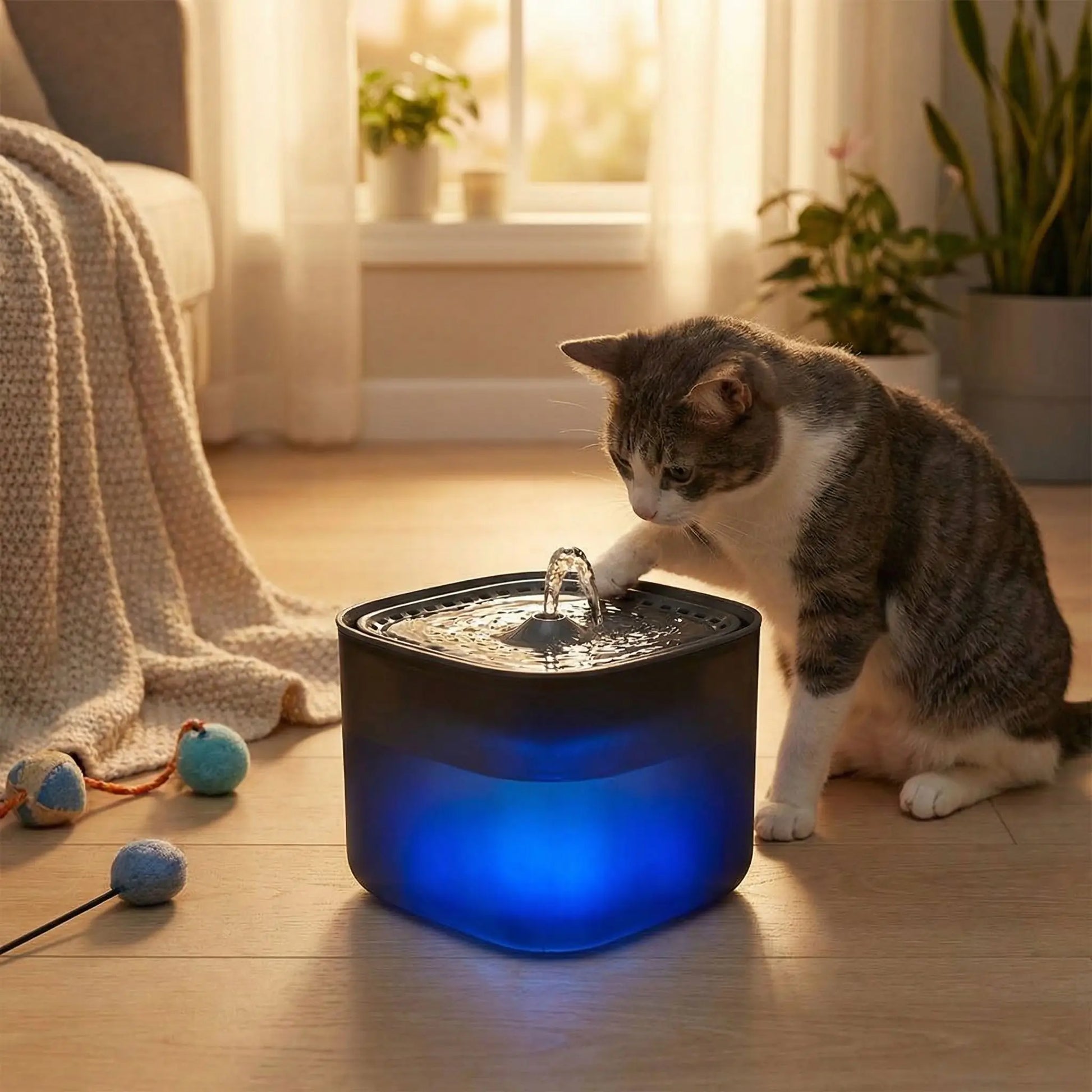 chat observant fontaine eau chat a led noire