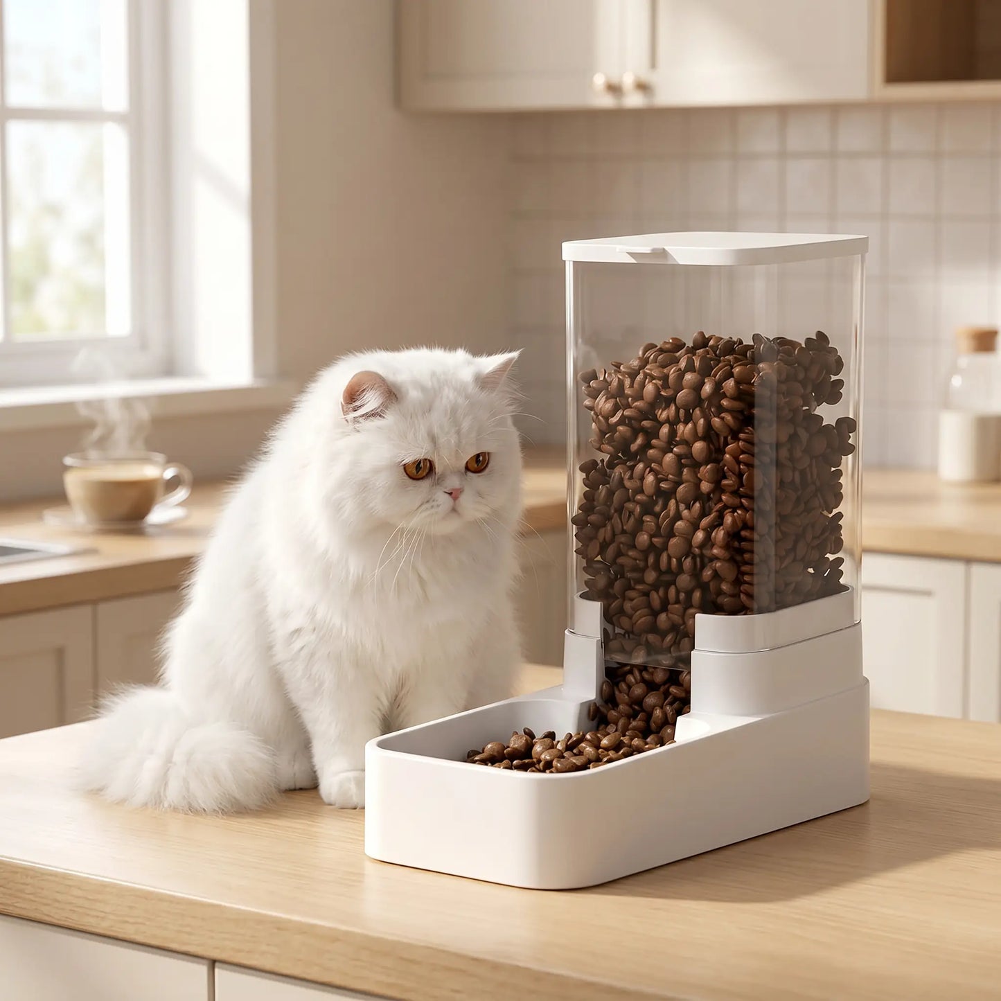 chat persan devant distributeur croquette chat
