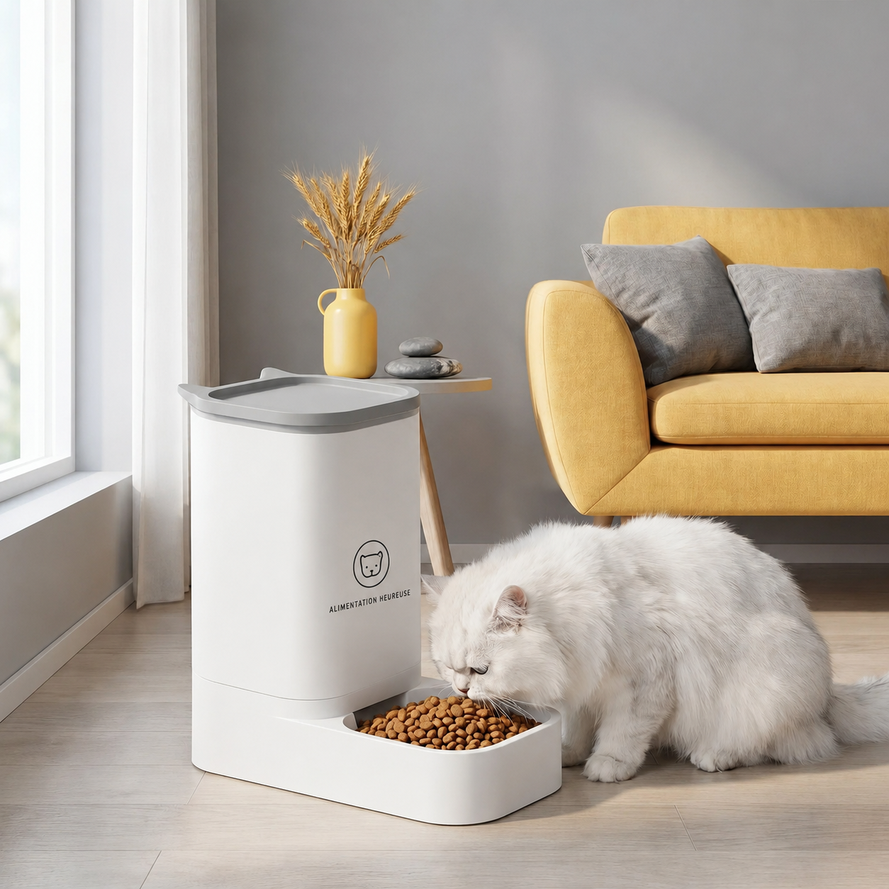 chat persan mangeant dans distributeur de croquettes chat