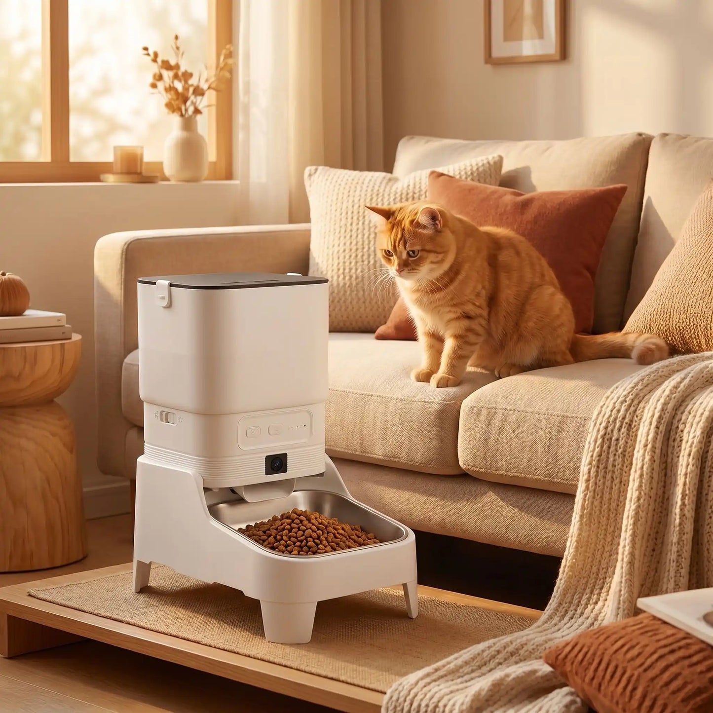 chat regardant distributeur automatique croquettes chat dans salon