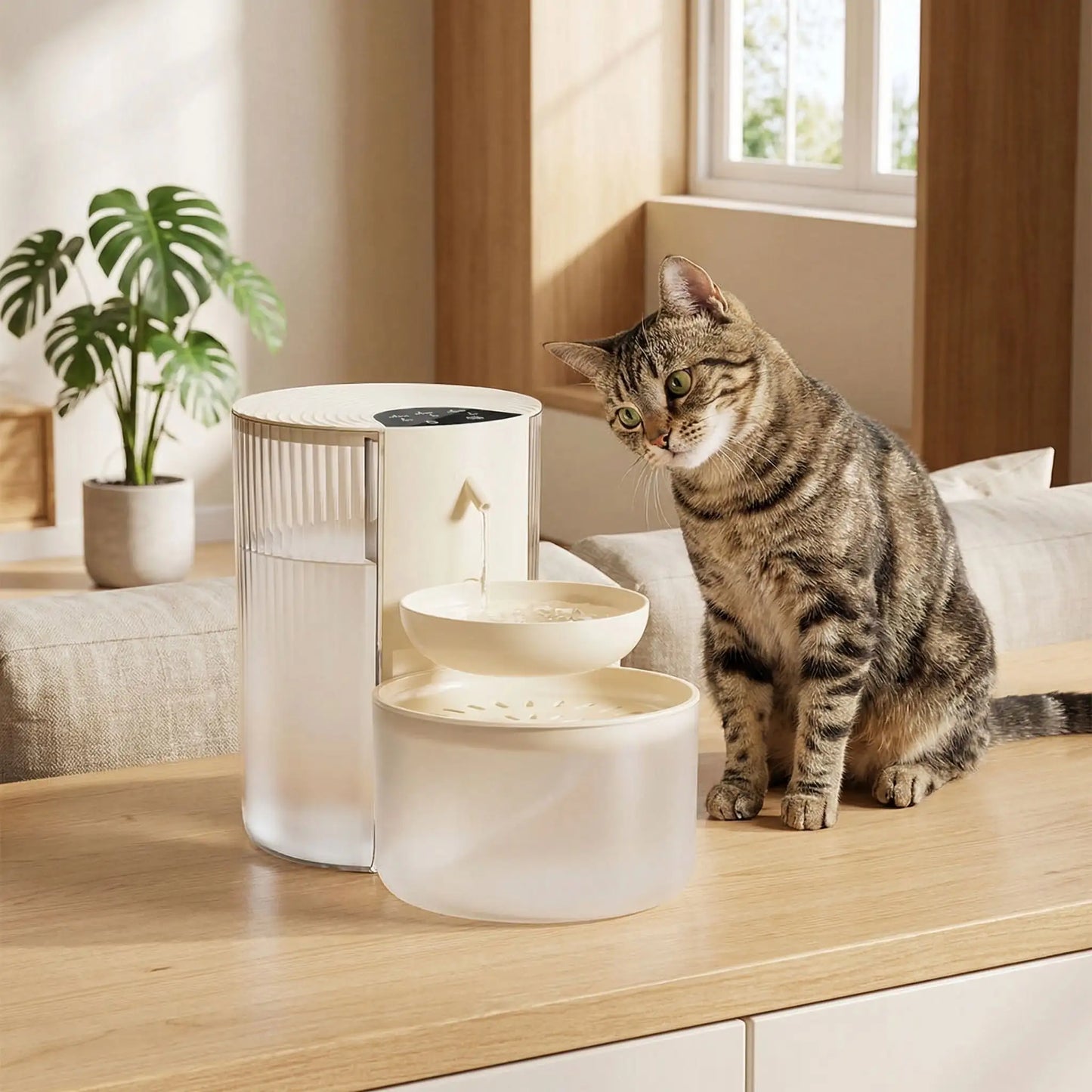chat regardant distributeur eau pour chat blanc