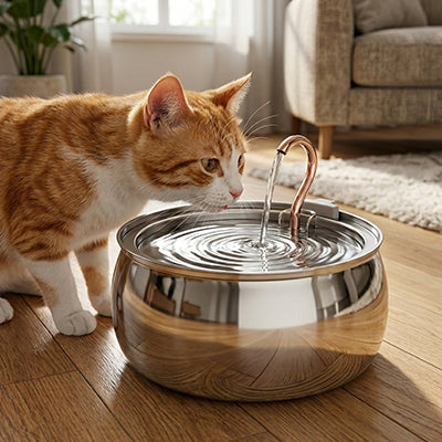 chat regarde fontaine a eau chat