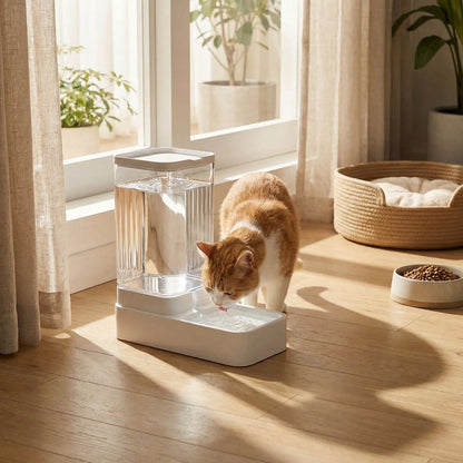 chat roux boit dans distributeur à eau pour chat