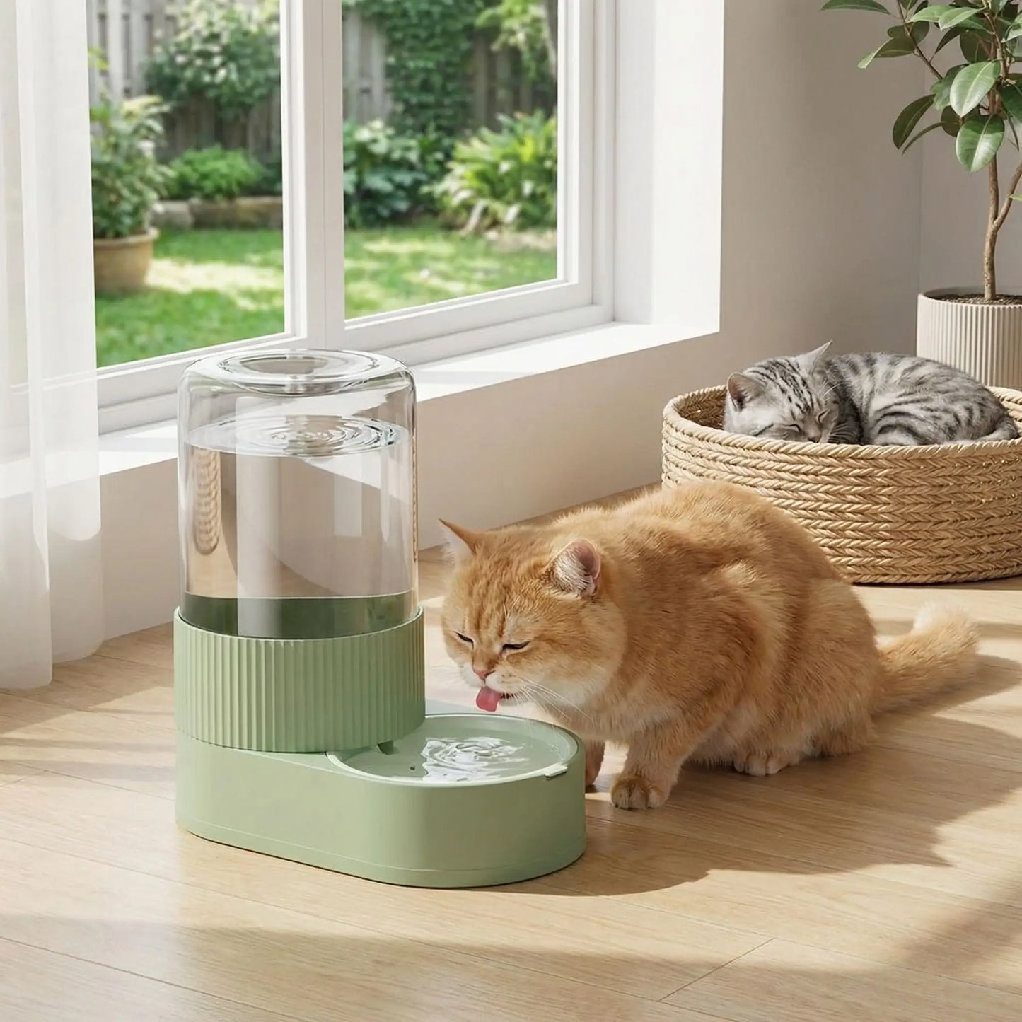 chat roux boit dans distributeur d'eau pour chat vert