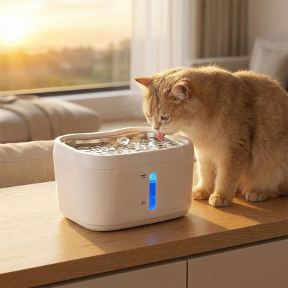 chat roux boit dans fontaine a chat dans salon