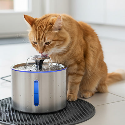 chat roux boit dans fontaine a eau chat inox