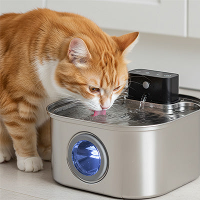 chat roux boit dans fontaine a eau chat sans fil