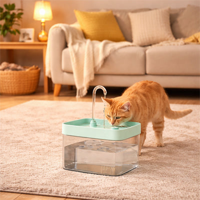 chat roux boit dans fontaine a eau chat vert clair