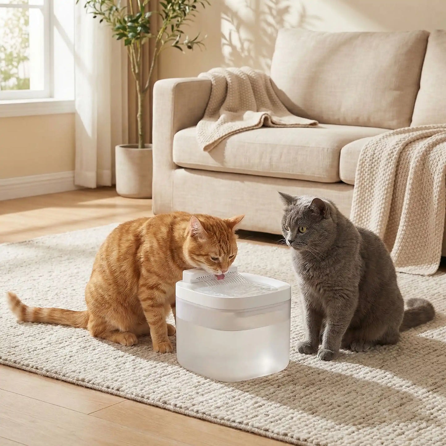 chat roux boit dans fontaine a eau chats blanche