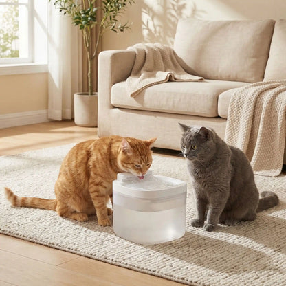chat roux boit dans fontaine a eau chats blanche