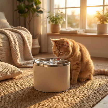 chat roux boit dans fontaine a eau pour chat ceramique
