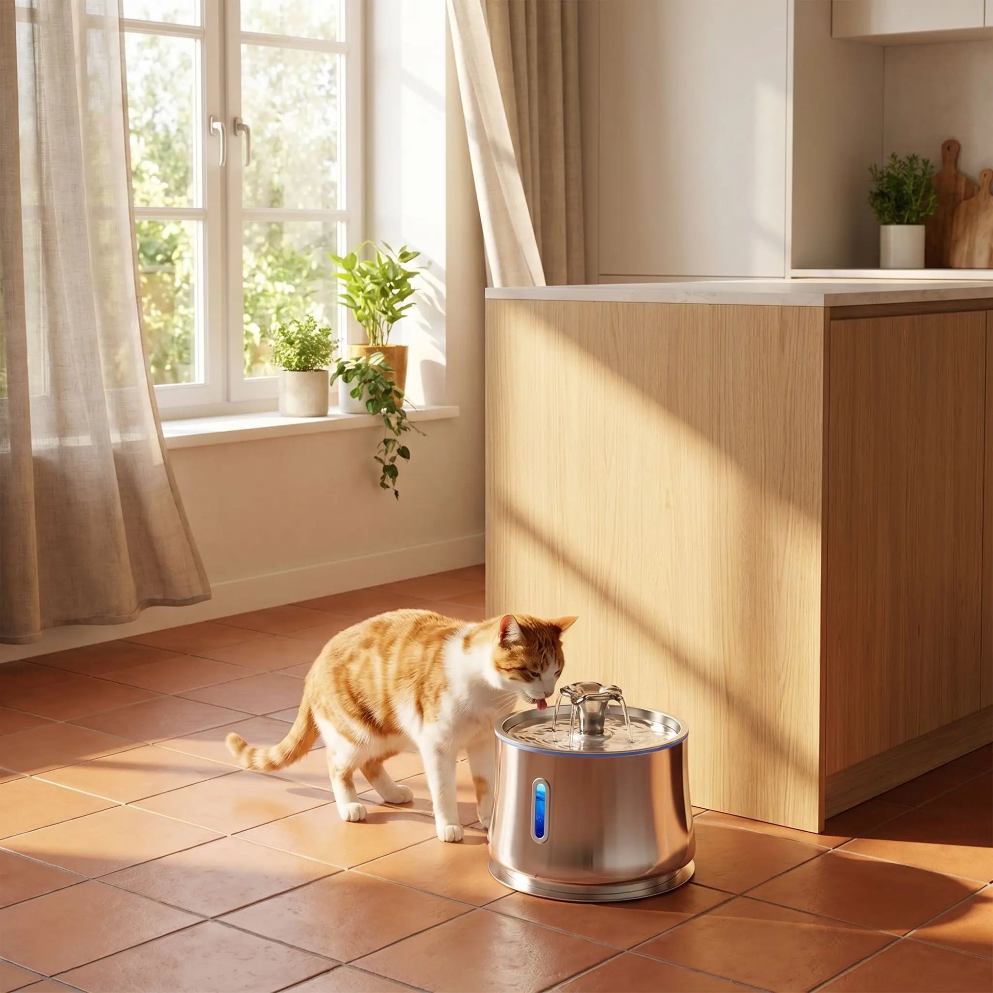 chat roux boit dans fontaine eau chat acier