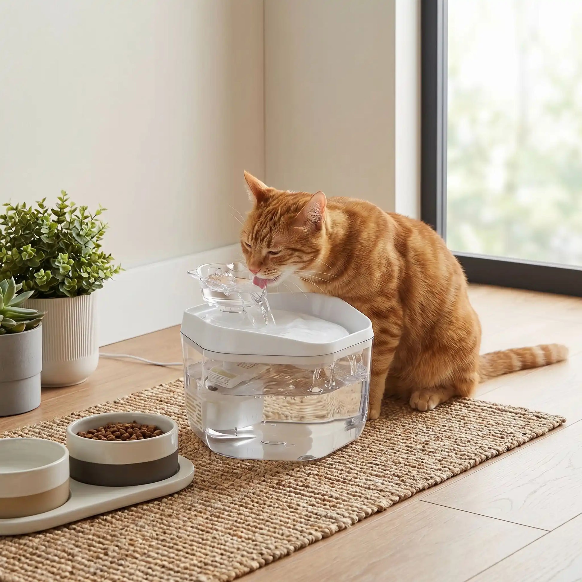 chat roux boit dans fontaine eau pour chat transparente