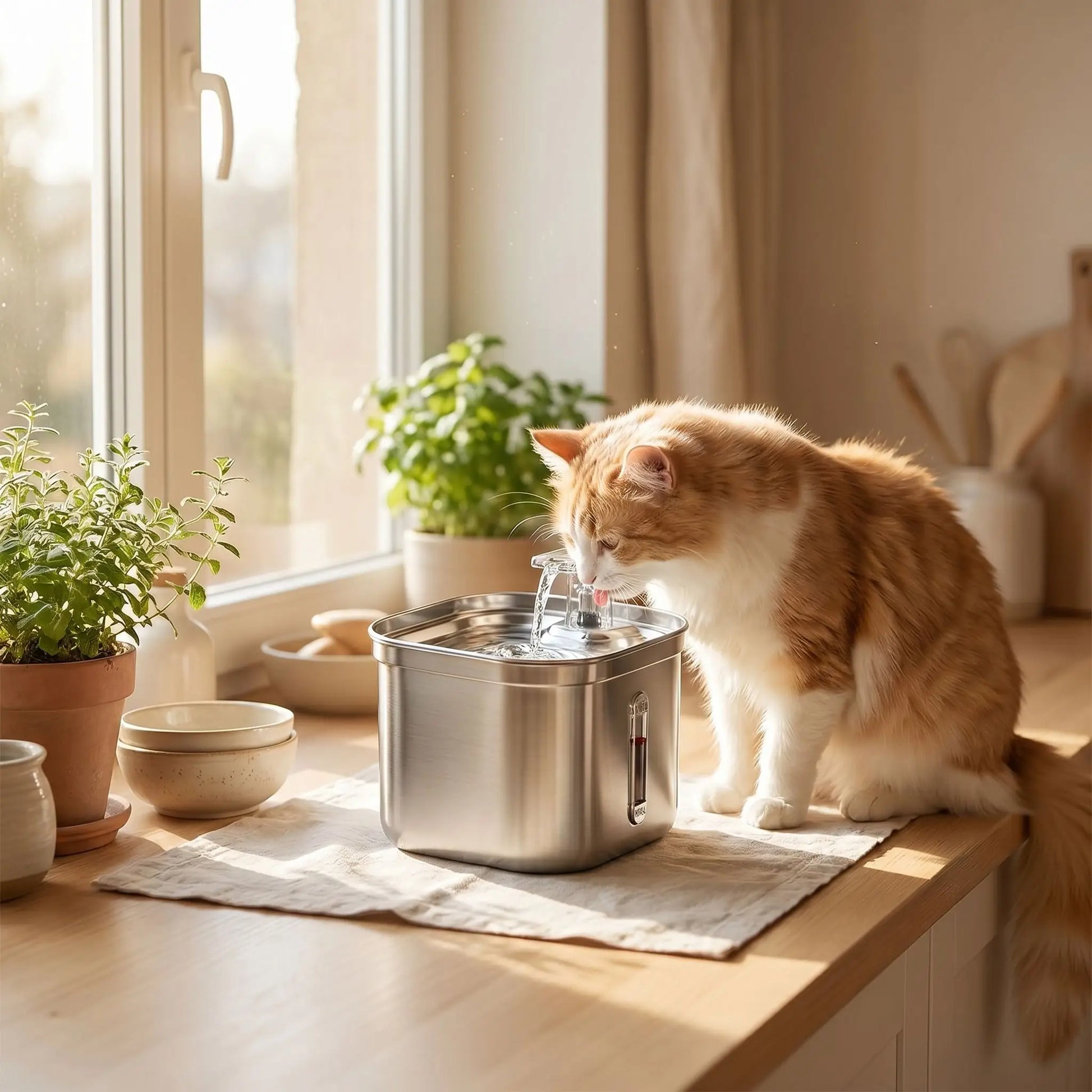 chat roux buvant dans fontaine a eau chat silencieuse