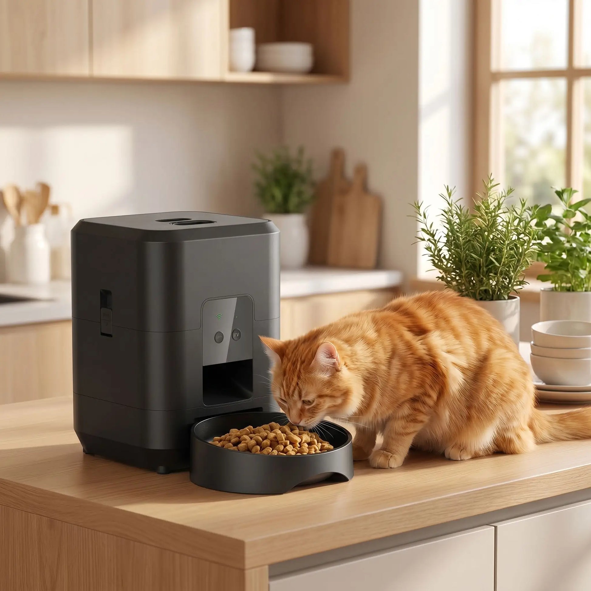 chat roux mange dans distributeur automatique croquettes chat noir 