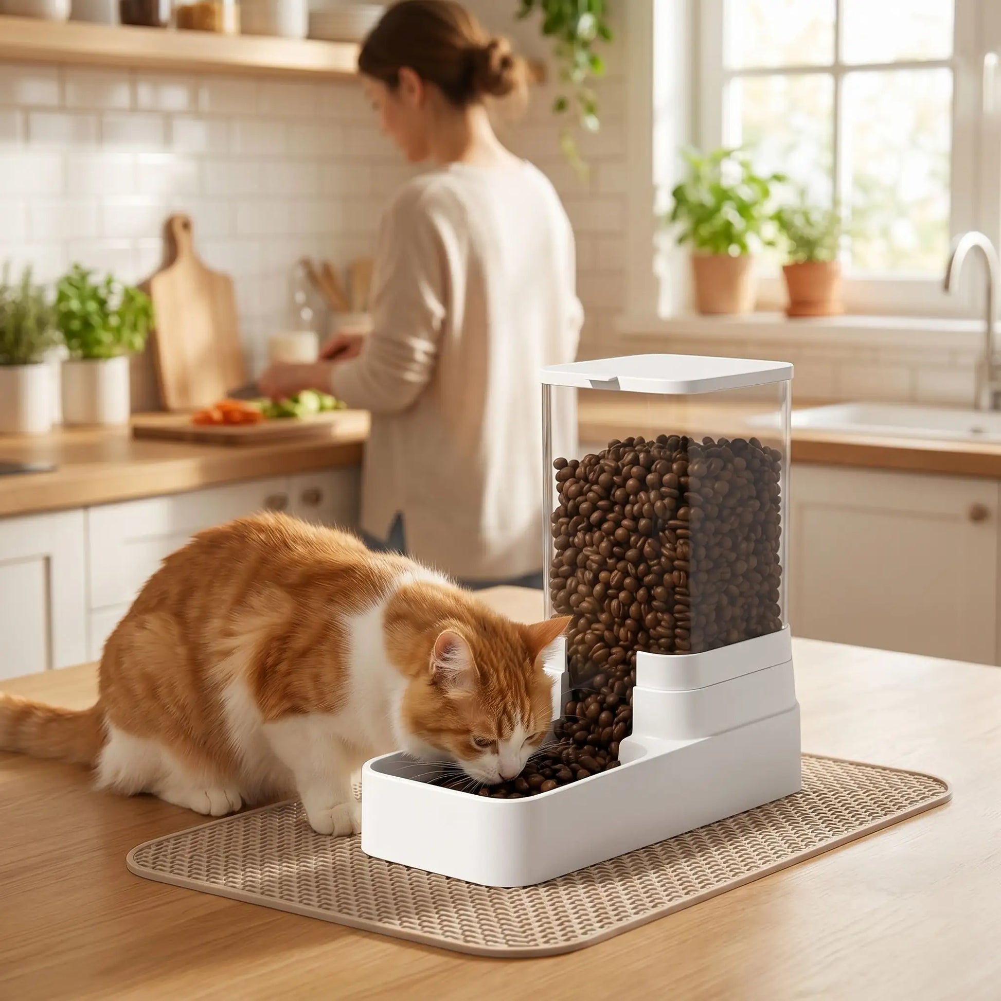 chat roux mange dans distributeur croquette chat