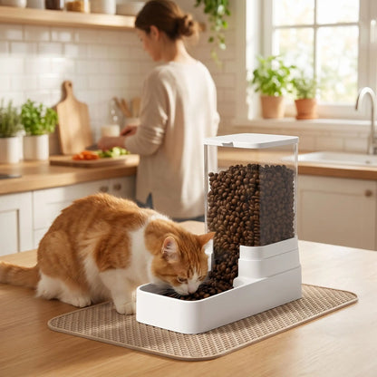 chat roux mange dans distributeur croquette chat