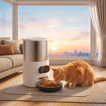 chat roux mange dans distributeur croquettes chat automatique